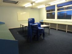 *Contents of Classroom U3 Which Includes THree Rectangular Tables, Eleven Stackable Blue Chairs, Two