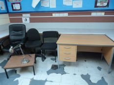 *Single Pedestal Desk in Light Oak and Silver Finish, Stainless Steel Anglepoise Lamp, Three