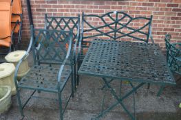 Wrought Metal Garden Bench with Two Arm Chairs and a Table