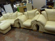 Cream Leather Four Piece Suite Comprising of Two Armchairs, Three Seat Settee and Matching Pouffe
