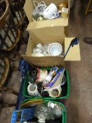 Five Boxes of Assorted Decorative Items, Jardinieres, Pictures, Prints, Electric Kettle, etc.