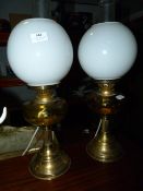 Pair of Brass and Glass Electrified Oil Lamps