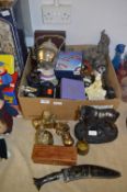 Box of Ornaments Including Elephants, Horses, Figurines, Jugs, Brassware and a Indian Kukri Knife