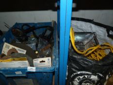 Box Containing Assorted Grinding Disks, Door Furniture and a Bag of 110v Lights and Leads