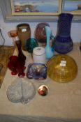 Selection of Coloured Glassware, Vases, Light Shade, Paperweight, etc.