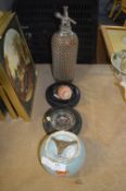 Carlton Ware Tobacco Jar, Two Firestone Tyre Ashtrays and a Soda Siphon