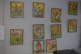 Set of Twelve Framed Comical Golf Scenes Prints