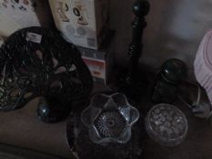 Cast Iron Cookery Book Stand, Marble Plater, Rose Bowl and a Cast Iron Kitchen Towel Holder