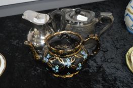 Two Silver Plated Teapots and One Pottery Teapot