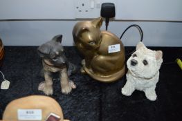 Two Pottery Dog Figurines and a Brass Cat