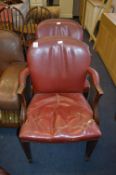 Pair of Red Leather Mahogany Framed Armchairs