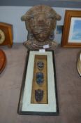 Pottery Aztec Wall Mask and Framed Picture of Small Masks