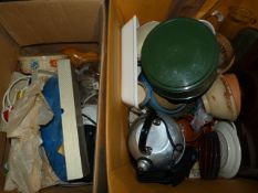 Two Boxes Containing Assorted Decorative Items, Whistling Kettle, Trays, etc.
