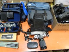 Assorted Photographic Equipment Including Praktica SLR Camera, Binoculars, Camera Bags and