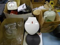 Four Boxes Containing Boiling Rings, Decorative Glassware, Kitchenalia, Scales, etc.