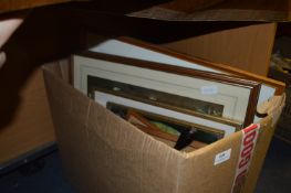 Box Containing Various Framed Prints, a Barometer and a Kettle