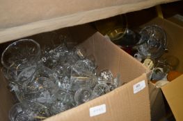 Two Boxes of Drinking Glassware, Ornaments, Storage Jars, Chromeware, etc.