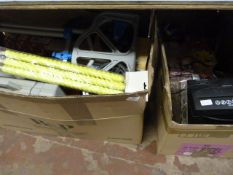 Two Boxes of Assorted Bric-a-Brac, Light Bulbs, Paper Shredders, etc.