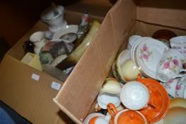 Two Boxes Containing Two Part Tea Sets, Ornaments, Clock, Vases, etc.