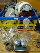Basket Containing Clock, Plates, Ornaments, Lead Glassware, Decanter, etc.