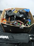 Box Containing Various Vintage Camera Accessoires, Bags, Tripod, etc.