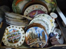 Box of Decorative Wall Plates, Pottery, Clock, etc.