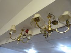 Pair of Brass Three Branch Ceiling Lights and a Pair of Wall Lights