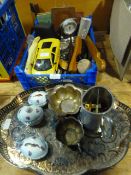Silver Plated Tray and a Basket Containing Clocks, Brushes, Model Car, etc.
