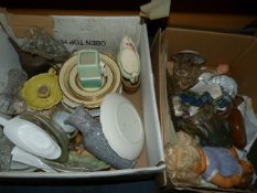 Two Boxes Containing Dinnerware, Glass Vase, Clock, Doll, etc.