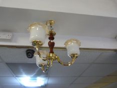 Brass and Mahogany Three Branch Ceiling Light