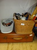 Wicker Basket Containing Bric a Brac, Suitcase & Bedpan etc