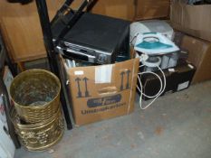 Four Boxes Containing Kitchenware, Cutlery, Glasses, Lamps, Ornaments, Clocks, etc.
