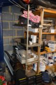 Contents of Shelving Unit Plus Stainless 5 Tier Shelf Unit, Beer Cool and Commercial Microwave