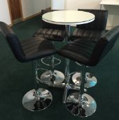 1 x Contemporary Poser Table With Four Faux Leather Bar Stools - Modern White Gloss Finish, Chrome