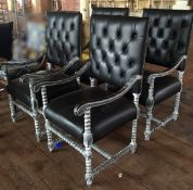1 x Handcrafted Period-Style Armchair Upholstered In Black Leather - Frame Features A Distressed