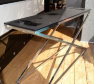 1 x Black Glass Topped Table With Silver Legs. 130X40.5cm. 74.5cm Tall. - CL108