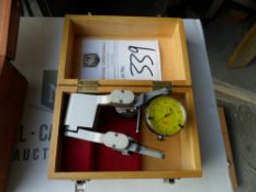 Baty Extensometer which fits perfectly inside a wooden box casing with red velvet interior. A