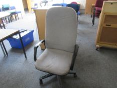 Grey cloth upholstered high back swivel arm chair