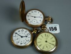 Three Waltham pocket watches in gold plated cased, two open faced and one full hunter
