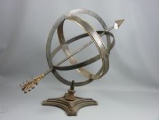 A cast metal garden armillary sphere with feathered arrow indicator on a cast quatrefoil base, 55