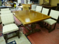 An oak draw leaf table and six chairs (five plus one), a large excellent oak draw leaf dining