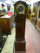 An oak cased grandmother clock with brass ring dial set with Roman numerals and outer minute ring,