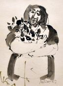MIKE JONES colourwash - portrait of a standing lady with flowers, signed, 26 x 19cms