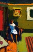 DONALD McINTYRE oil on board - interior with artist's first wife in chair, entitled verso '