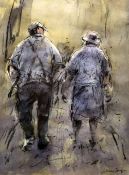 WILLIAM SELWYN watercolour - two figures walking, entitled verso 'Yr Ffermwyr a'i Wraig (The