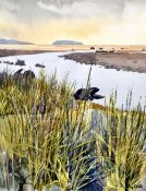 ROY OSTLE watercolour - view of Menai Straits' coast from mainland with Ynys Seiriol (Puffin Island)