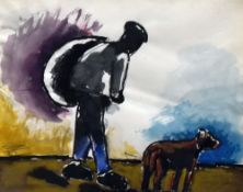 JOSEF HERMAN watercolour - workman carrying sack beside dog, 20 x 25cms