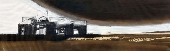 ROGER CECIL mixed media - winding-gear and pit-head at dawn, untitled, signed with initials, 29 x