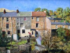 CHRISTOPHER HALL oil on board - two figures, cats and the back-gardens of terraced houses in