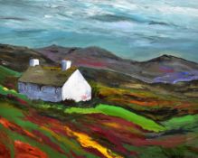 SION McINTYRE acrylic - white washed cottage, Caernarfonshire entitled 'Cottage Above Llanllyfni',